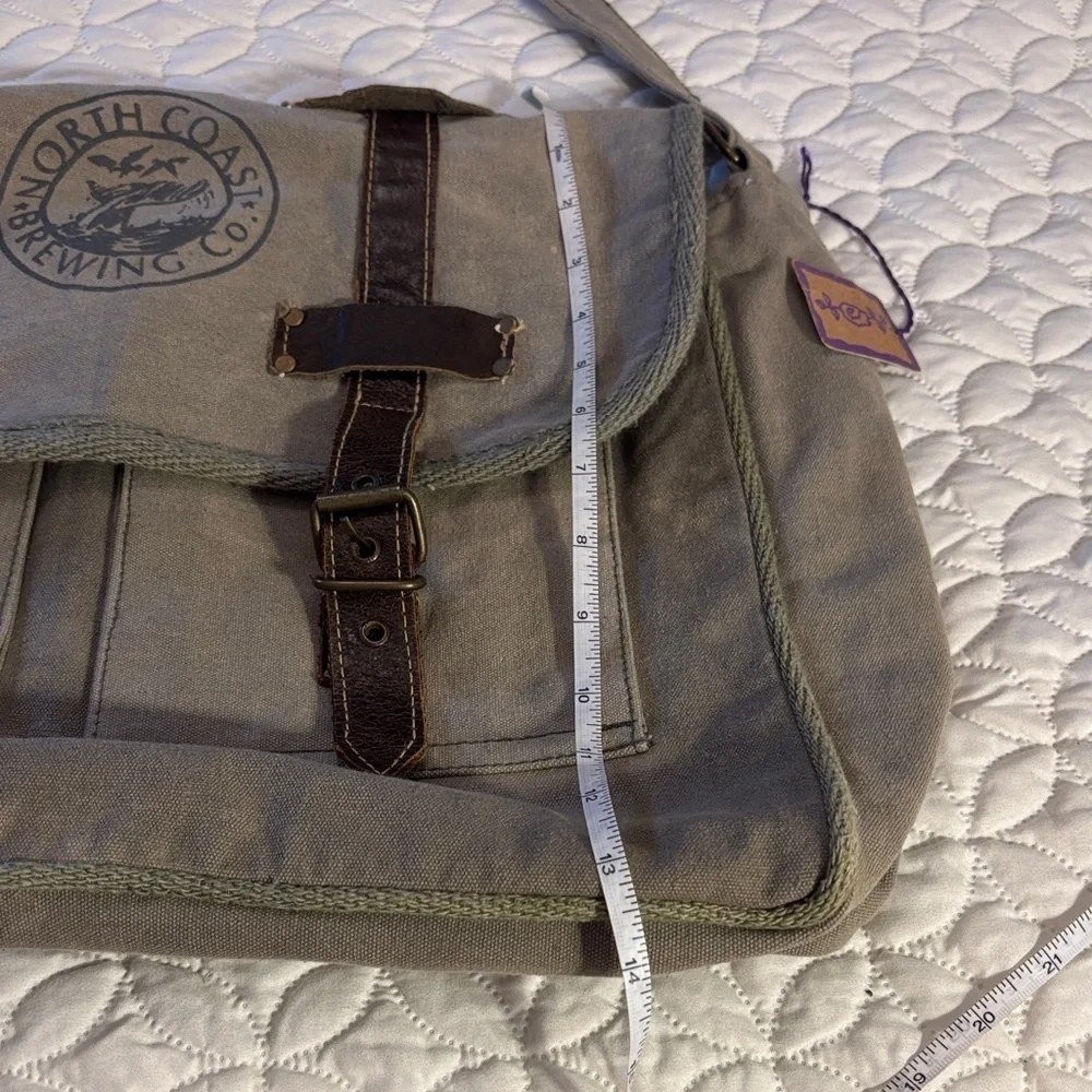 Canvas and Leather Messenger Bag - Khaki Green NWT North Coast Brewing Co Logo
